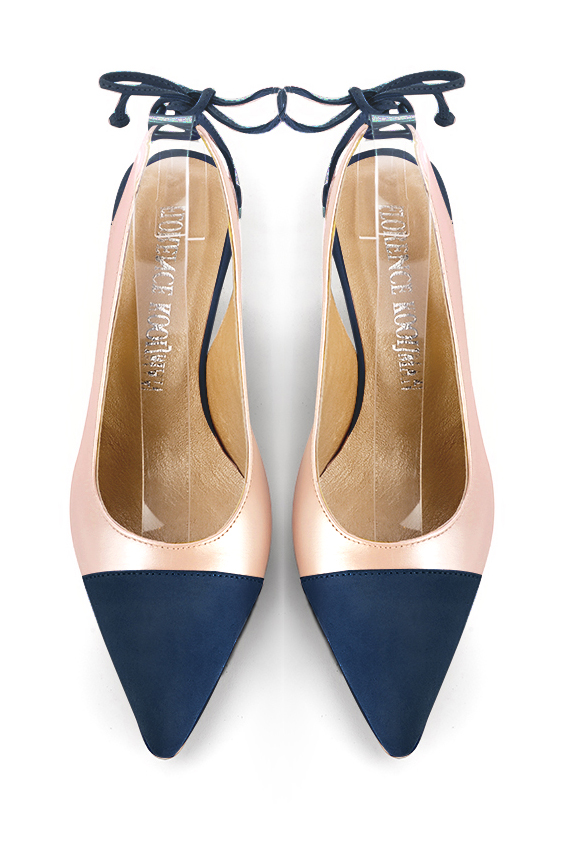 Navy blue and powder pink women's slingback shoes. Pointed toe. Medium spool heels. Top view - Florence KOOIJMAN